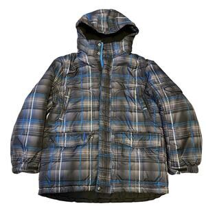 Faded Glory Boys Sz L 10/12 Insulated Puffer Coat Jacket Hooded Zip Plaid Grey